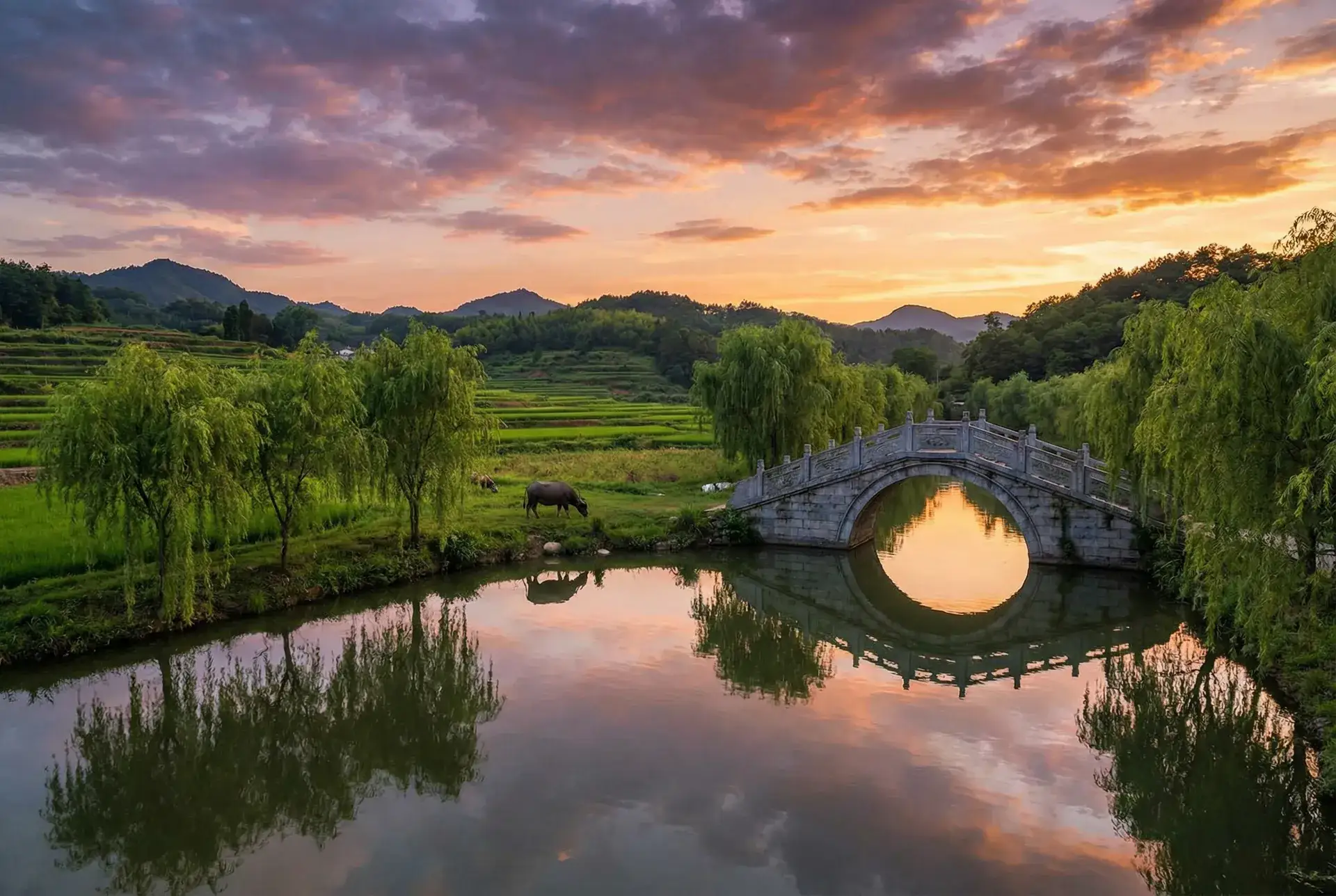 夕阳下的石拱桥与垂柳，水牛在河边吃草 - edd202 乡村美景